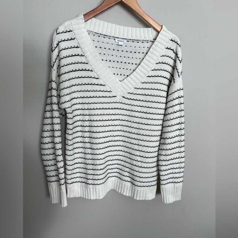 Westport Sweater Womens White Striped Cotton  Long Sleeve V Neck Pullover Sz L